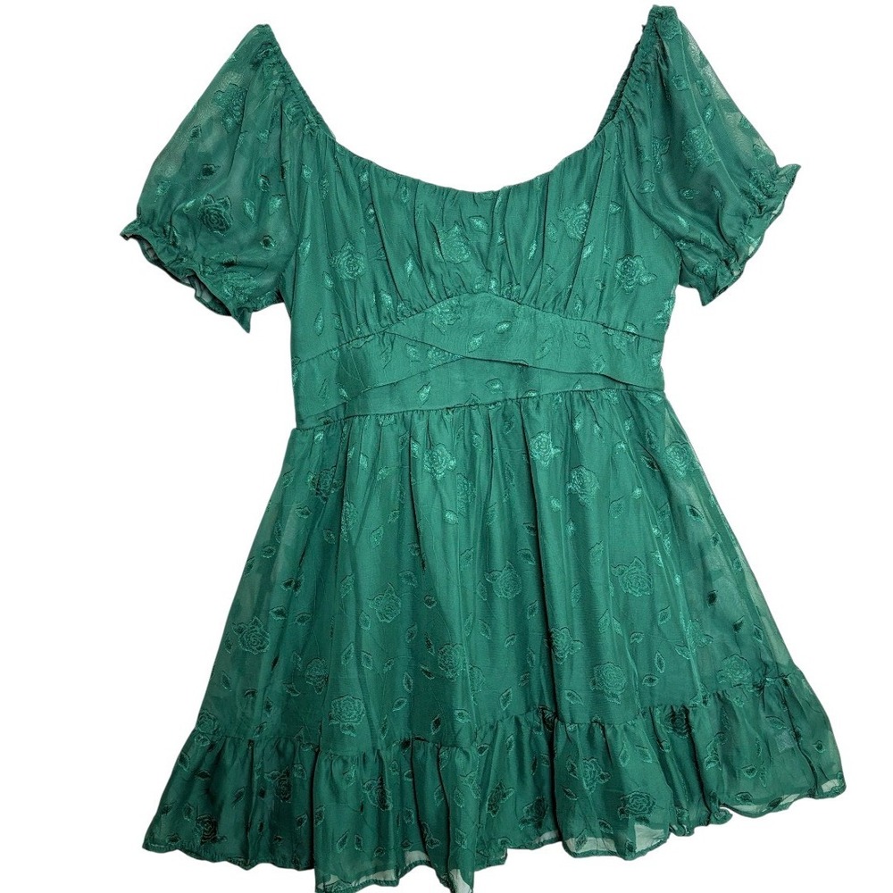 Mary & Mo Mini Dress Womens XL Green NWT Rose Jacquard Puff Sleeve Ruffle Boho